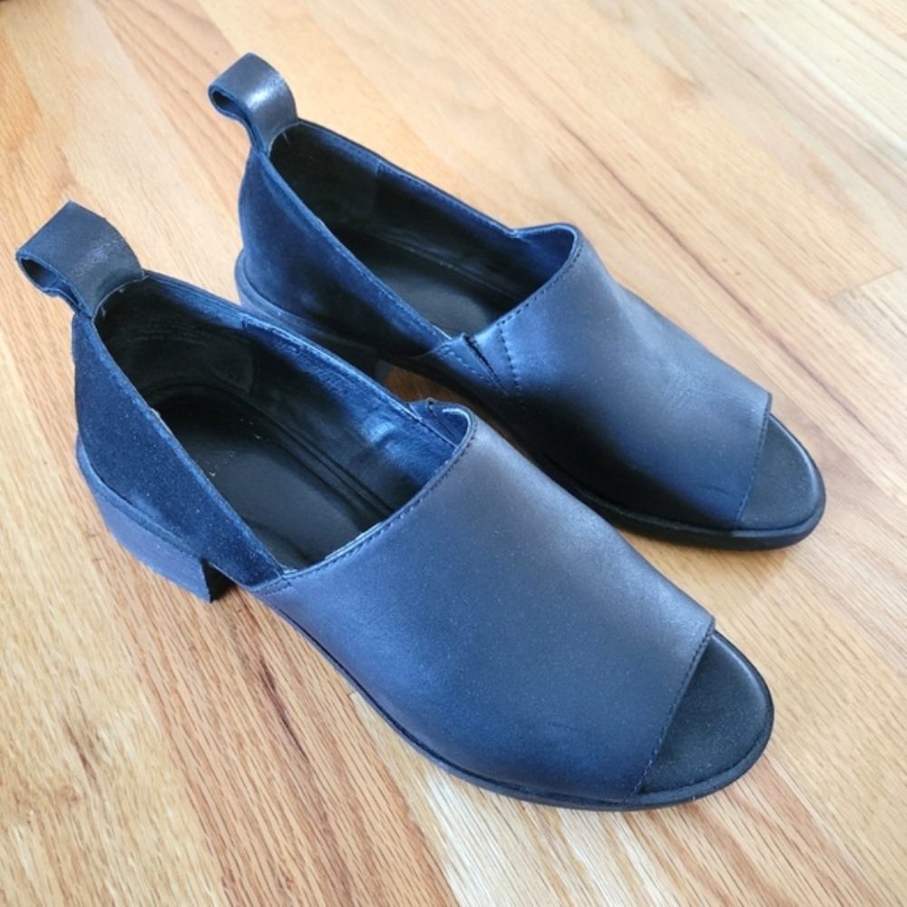 Shellys London Florenz Black Open Toe Low Heel Leather Slip On Shoes US 6.5